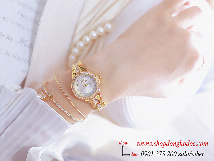 Đồng hồ nữ BS Bee Sisiter dây kim loại vàng mặt tròn đính đá sang chảnh ĐHĐ29001