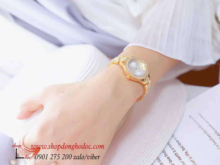 Đồng hồ nữ BS Bee Sisiter dây kim loại vàng mặt tròn đính đá sang chảnh ĐHĐ29001