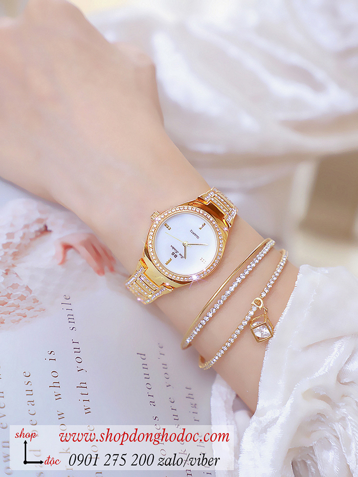 Đồng hồ nữ Bee Sisiter dây kim loại bạc mặt tròn đính đá vàng sang chảnh ĐHĐ29201