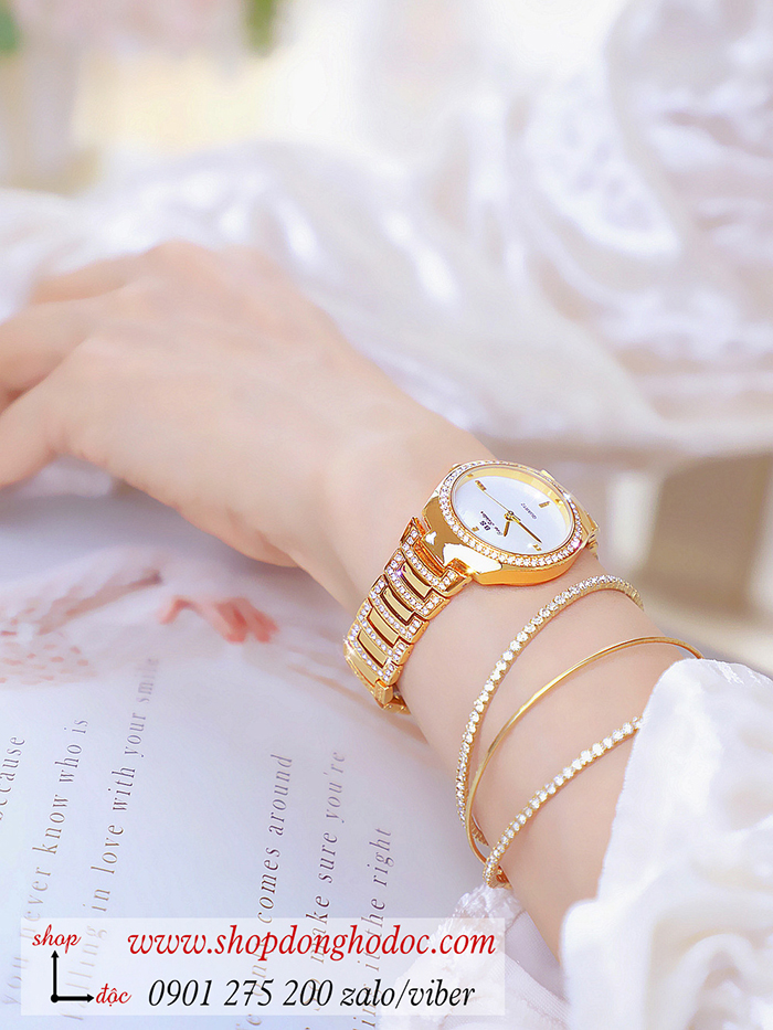 Đồng hồ nữ Bee Sisiter dây kim loại bạc mặt tròn đính đá vàng sang chảnh ĐHĐ29201
