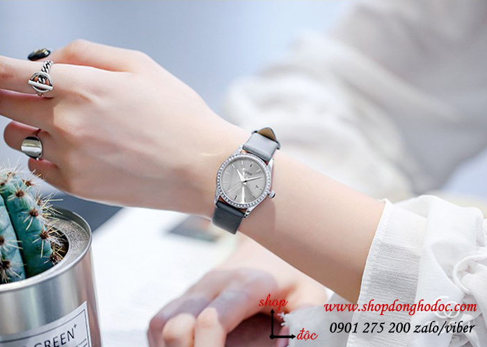 Đồng hồ nữ dây da mặt tròn đính đá màu xám sành điệu Guou ĐHĐ13003