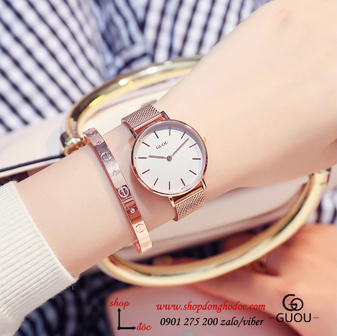 Đồng hồ nữ Guou dây kim loại vàng mặt tròn trắng thanh lịch ĐHĐ23704