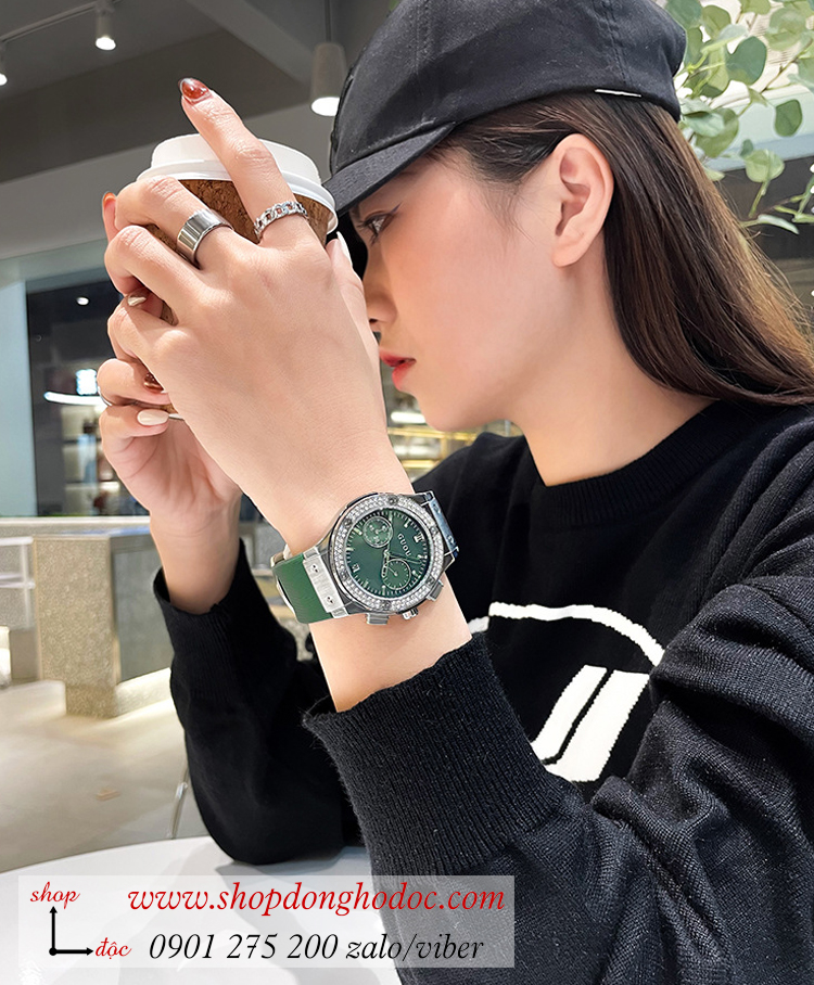 Đồng hồ Guou nữ dây cao su mặt tròn size to đính đá xanh lục thời thượng ĐHĐ35603