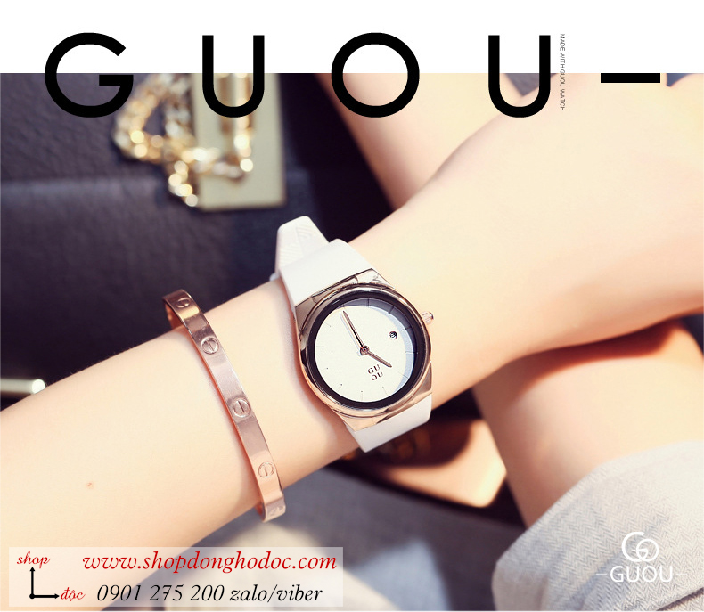Đồng hồ Guou nữ dây cao su mặt tròn có lịch trắng sang chảnh ĐHĐ35705