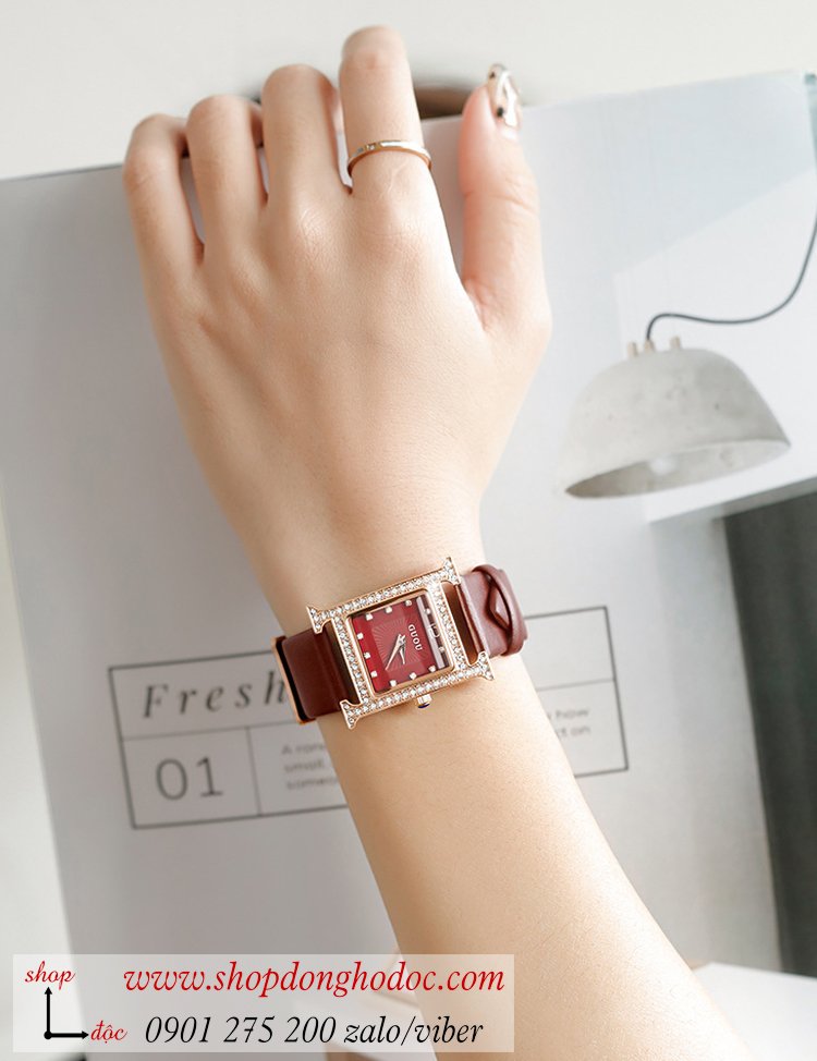 Đồng hồ Guou nữ dây da mặt vuông đính đá đỏ đô quyến rũ ĐHĐ35805