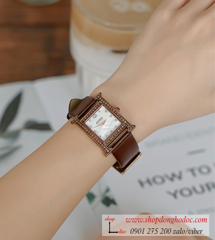 Đồng hồ Guou nữ dây da mặt vuông đính đá nâu thời thượng ĐHĐ35802
