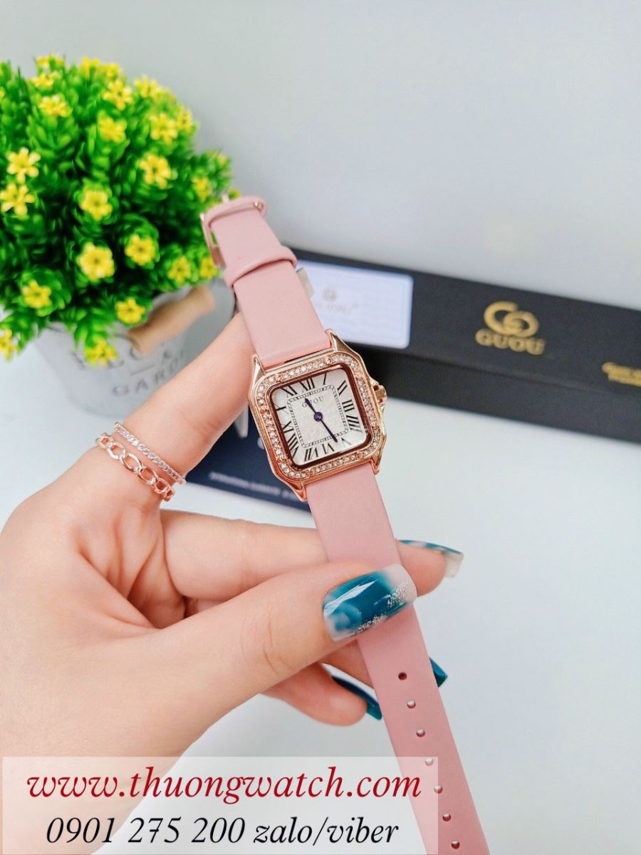 Đồng hồ Guou nữ dây da mặt vuông đính đá hồng pastel dịu dàng ĐHĐ35906
