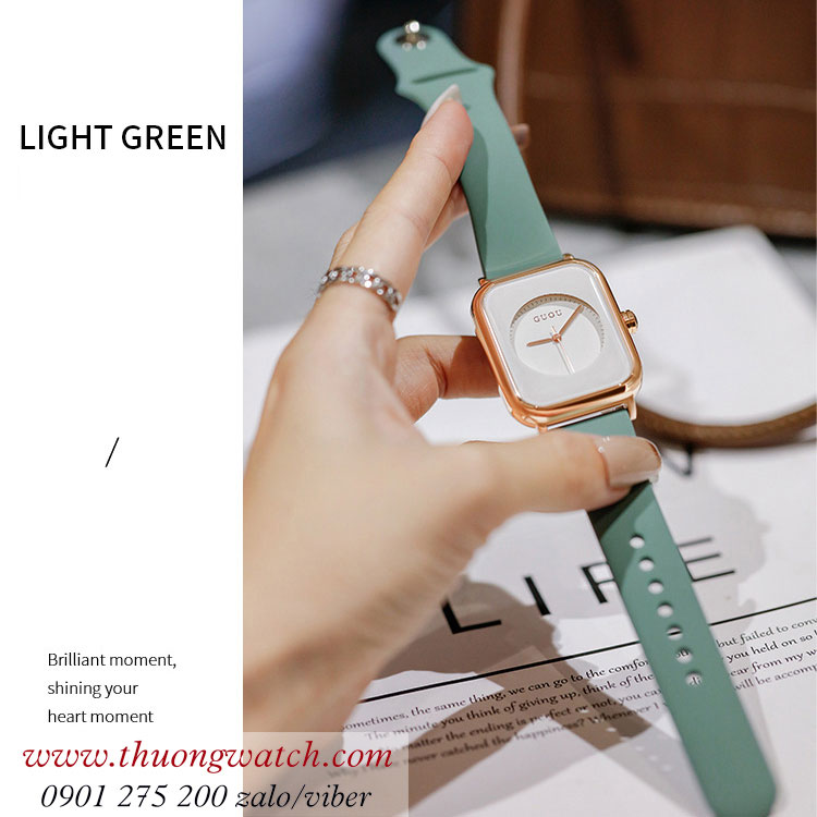 Đồng hồ Guou nữ 8162 dây cao su xanh mặt chữ nhật trắng sành điệu ĐHĐ38506