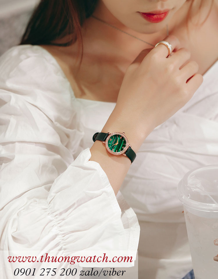 Đồng hồ nữ Guou dây da mặt tròn size nhỏ xanh lục sành điệu ĐHĐ39203
