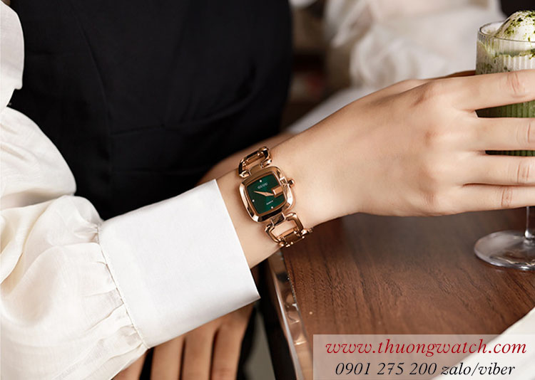 Đồng hồ nữ Guou dây kim loại mặt vuông size nhỏ xanh lục sành điệu ĐHĐ39703