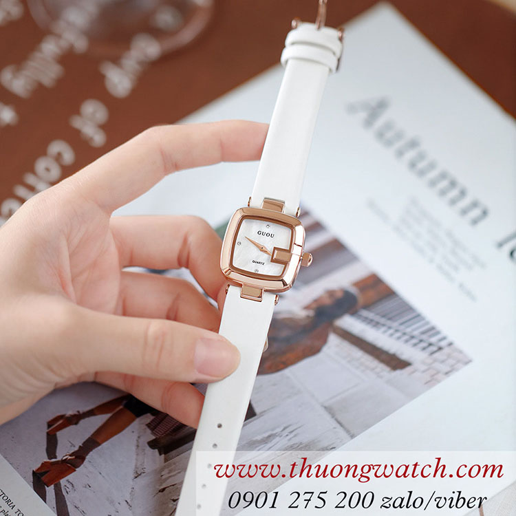 Đồng hồ nữ Guou dây da mặt vuông size nhỏ trắng ĐHĐ39804