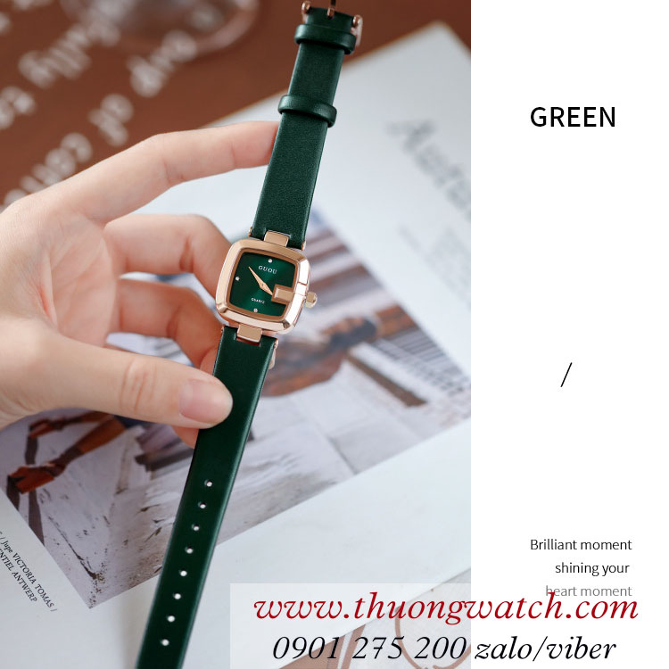Đồng hồ nữ Guou dây da mặt vuông size nhỏ xanh lục ĐHĐ39805