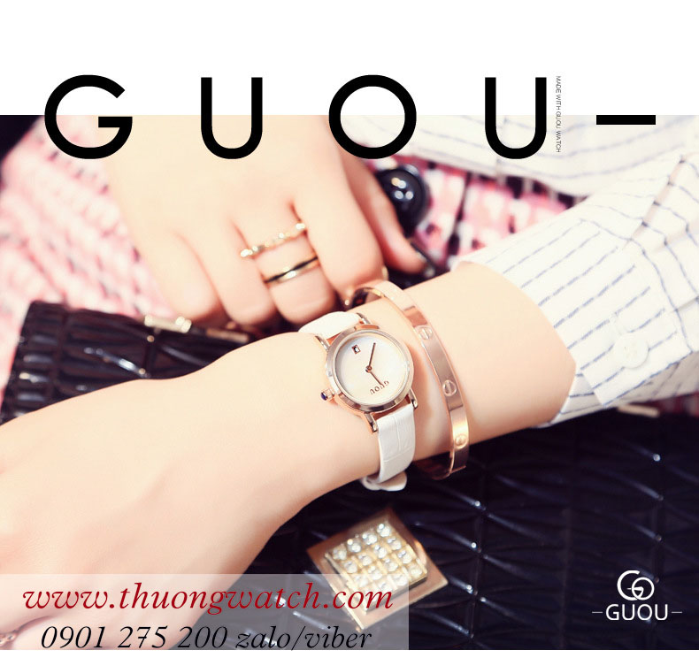 Đồng hồ Guou nữ dây da mặt tròn size nhỏ trắng sang chảnh ĐHĐ39901