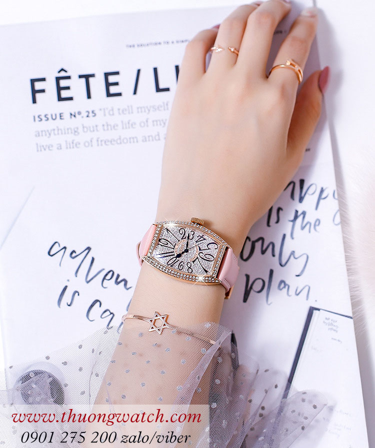 Đồng hồ nữ Guou dây da mặt chữ nhật oval đính đá hồng pastel ĐHĐ40003