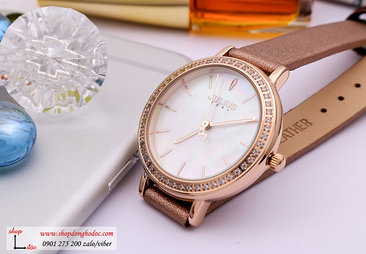 Đồng hồ nữ Hàn Quốc Julius JA 1036C dây da mặt tròn đính đá hồng pastel thời thượng ĐHĐ30601