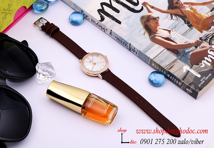 Đồng hồ nữ Hàn Quốc Julius JA 1036D dây da mặt tròn đính đá đỏ mận độc lạ ĐHĐ30604