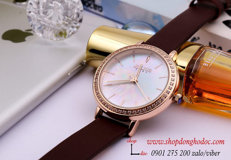 Đồng hồ nữ Hàn Quốc Julius JA 1036D dây da mặt tròn đính đá đỏ mận độc lạ ĐHĐ30604