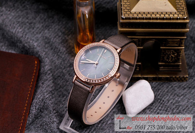 Đồng hồ nữ Hàn Quốc Julius JA 1036E dây da mặt tròn đính đá xám thời trang ĐHĐ30602
