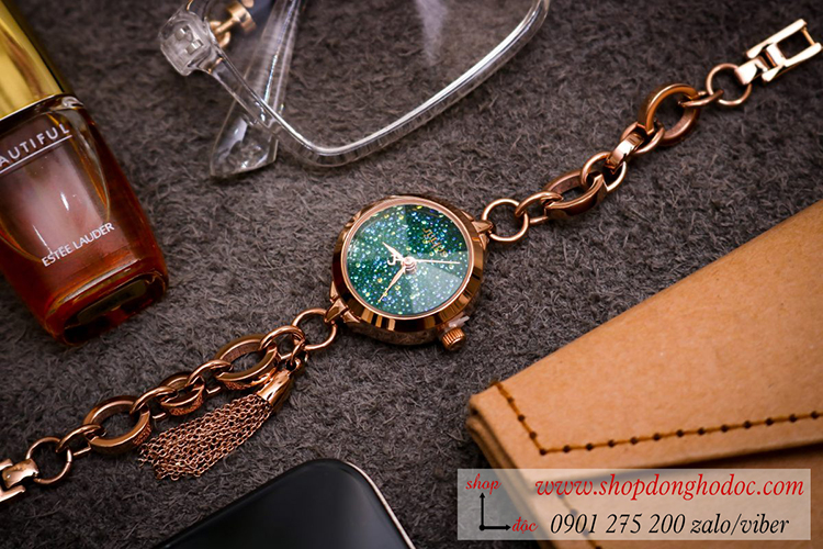 Đồng hồ Julius nữ Hàn Quốc JA 1059C dây kim loại vàng mặt tròn xanh lục size nhỏ kiểu lắc tay ĐHĐ32503