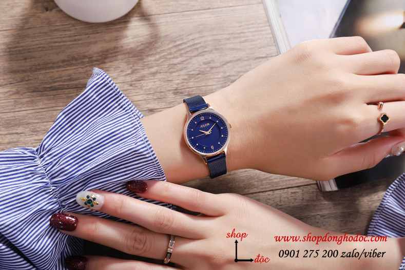  Đồng hồ nữ dây kim loại lưới mặt tròn xanh biển sành điệu Julius 1060 ĐHĐ24502