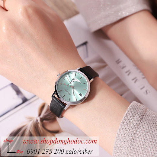 Đồng hồ nữ Julius Hàn Quốc JA 1076A dây da mặt tròn có lịch đen xanh cá tính ĐHĐ34205