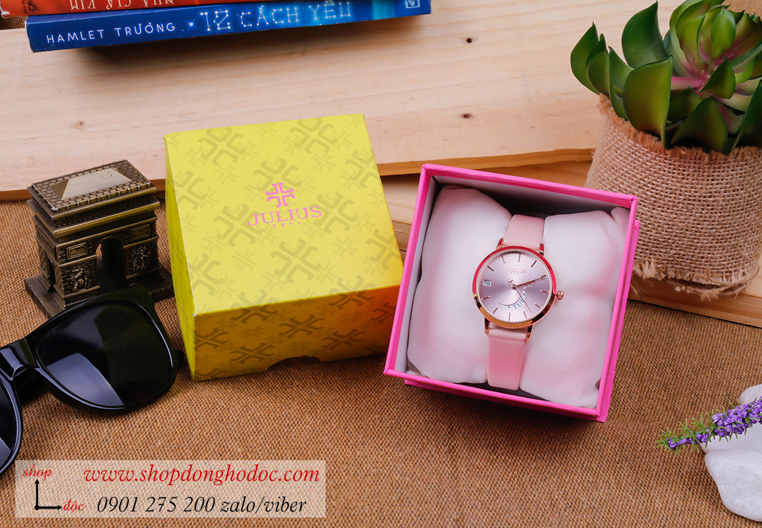 Đồng hồ nữ Julius Hàn Quốc JA 1076C dây da mặt tròn có lịch hồng pastel ngọt ngào ĐHĐ34204