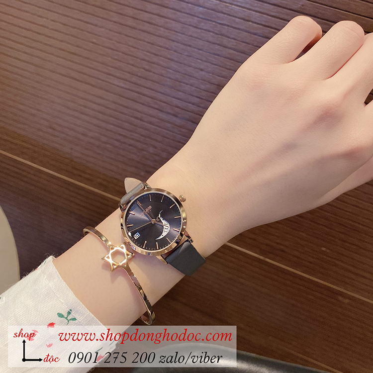 Đồng hồ nữ Julius Hàn Quốc JA 1076E dây da mặt tròn có lịch đen cá tính ĐHĐ34203