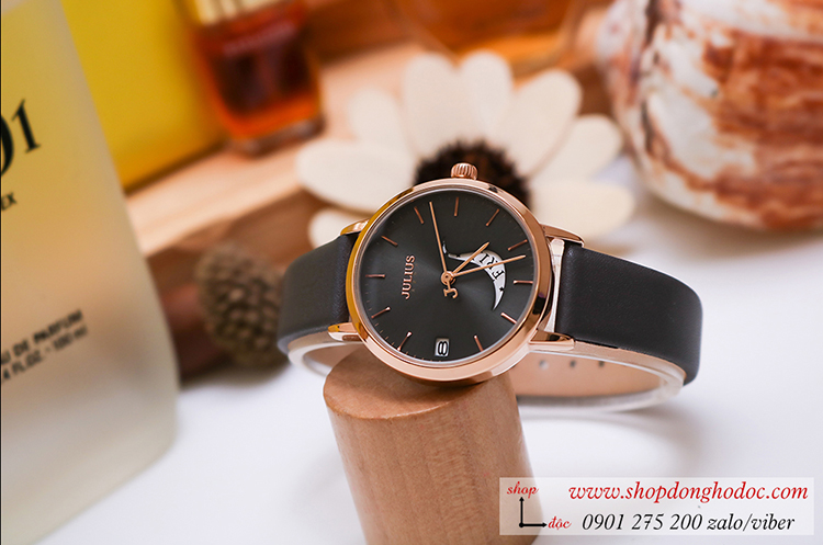 Đồng hồ nữ Julius Hàn Quốc JA 1076E dây da mặt tròn có lịch đen cá tính ĐHĐ34203
