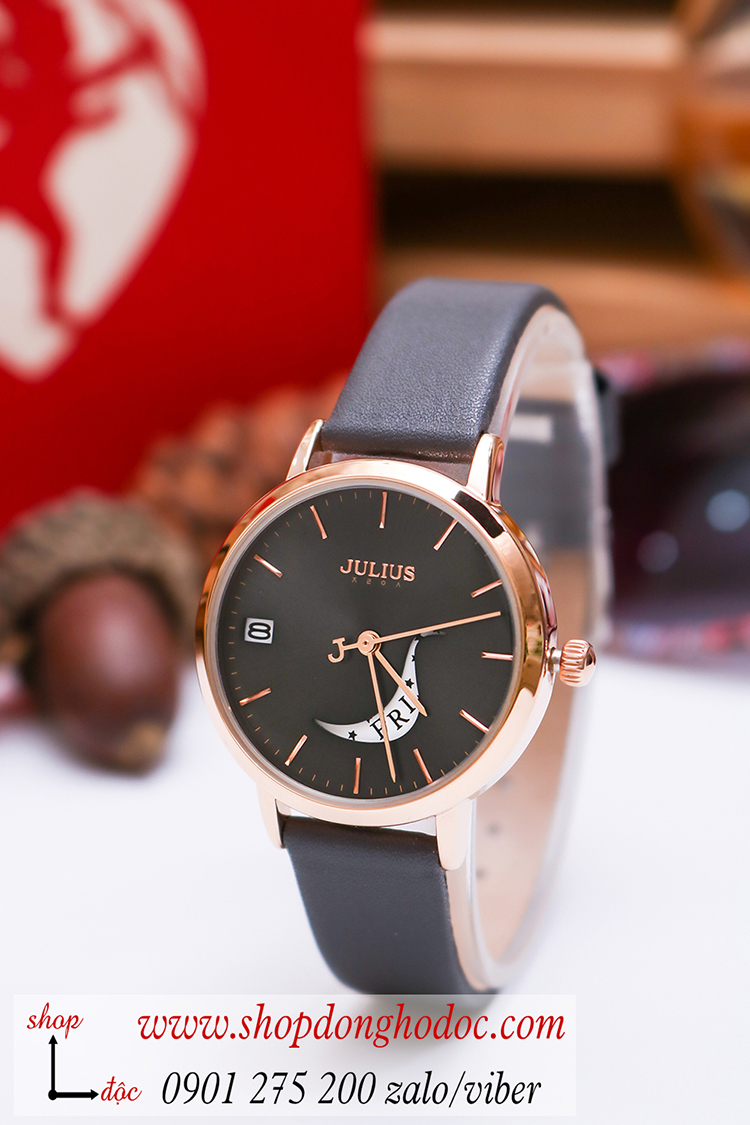 Đồng hồ nữ Julius Hàn Quốc JA 1076E dây da mặt tròn có lịch đen cá tính ĐHĐ34203