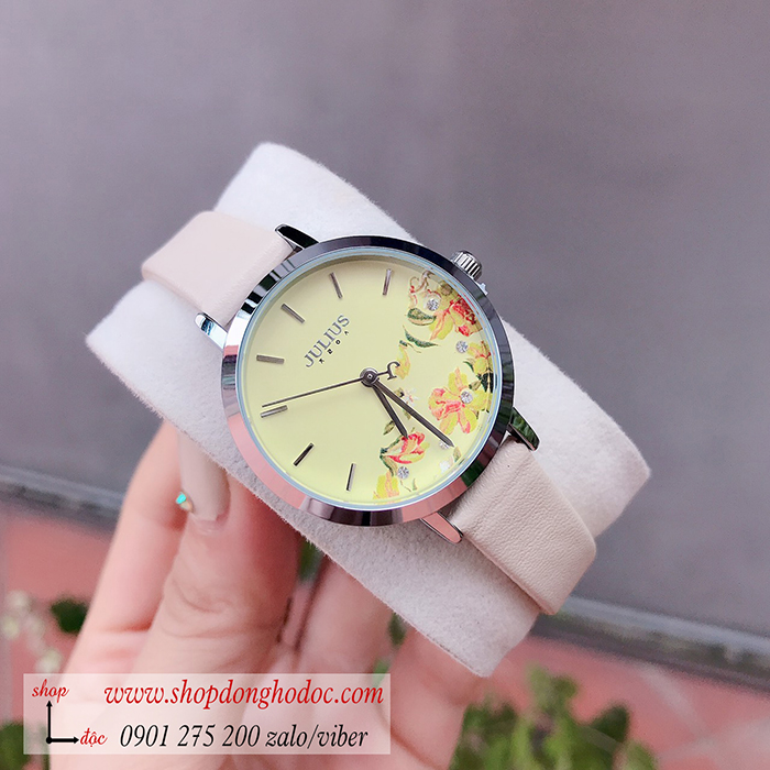 Đồng hồ nữ Hàn Quốc Julius JA 1089A dây da mặt tròn kem hoa độc đáo ĐHĐ30501