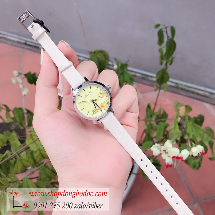 Đồng hồ nữ Hàn Quốc Julius JA 1089A dây da mặt tròn kem hoa độc đáo ĐHĐ30501