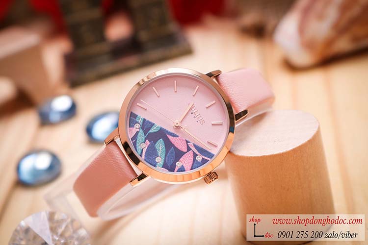 Đồng hồ nữ Hàn Quốc Julius JA 1089B dây da mặt tròn hồng pastel hoa độc đáo ĐHĐ30505