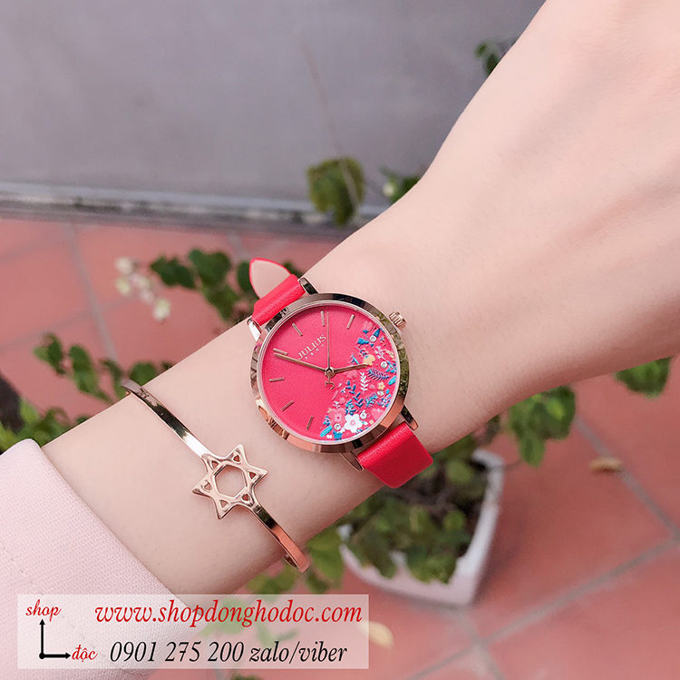 Đồng hồ nữ Hàn Quốc Julius JA 1089C dây da mặt tròn hoa độc đáo đỏ quyến rũ ĐHĐ30502