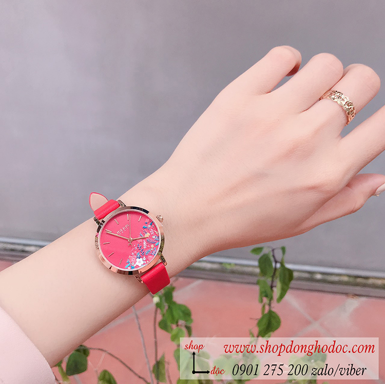 Đồng hồ nữ Hàn Quốc Julius JA 1089C dây da mặt tròn hoa độc đáo đỏ quyến rũ ĐHĐ30502