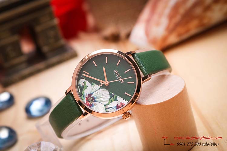 Đồng hồ nữ Hàn Quốc Julius JA 1089D dây da mặt tròn hoa độc đáo xanh lục thời thượng ĐHĐ30504