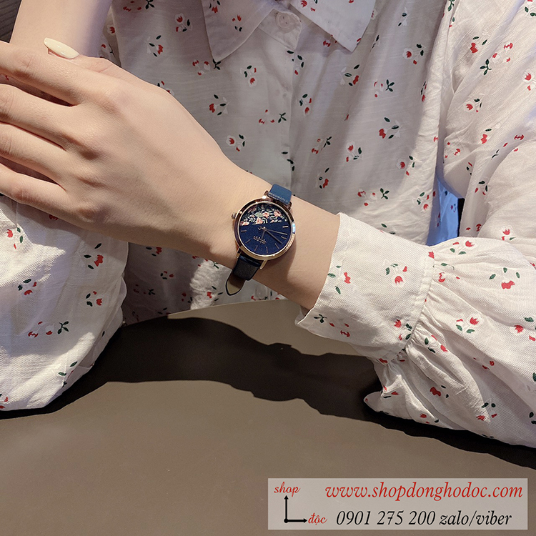 Đồng hồ nữ Hàn Quốc Julius JA 1089E dây da mặt tròn hoa độc đáo xanh dương cá tính ĐHĐ30503