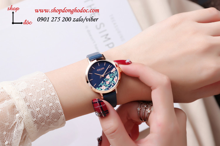 Đồng hồ nữ Hàn Quốc Julius JA 1089E dây da mặt tròn hoa độc đáo xanh dương cá tính ĐHĐ30503