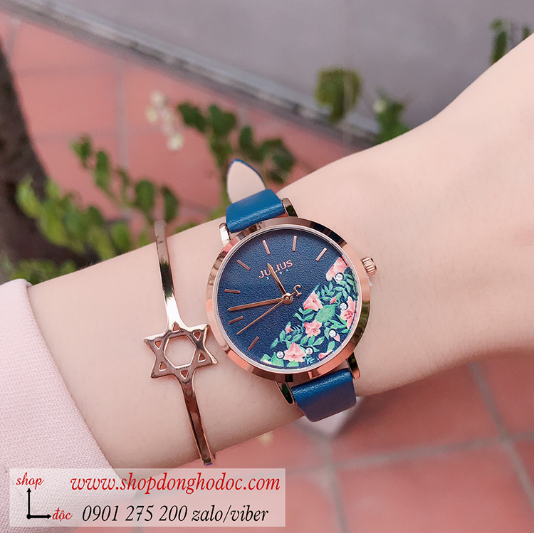 Đồng hồ nữ Hàn Quốc Julius JA 1089E dây da mặt tròn hoa độc đáo xanh dương cá tính ĐHĐ30503