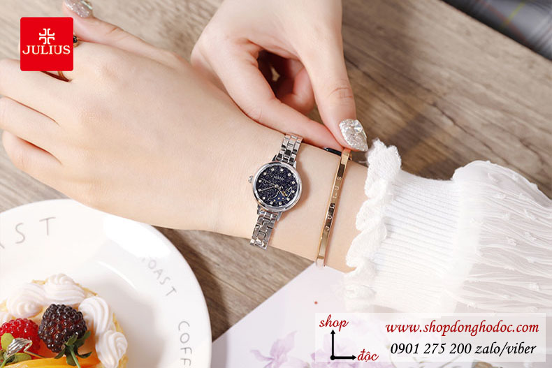 Đồng hồ nữ dây kim loại bạc mặt tròn size nhỏ xanh đen Julius 1157A ĐHĐ29803