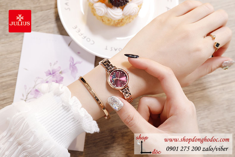 Đồng hồ nữ dây kim loại vàng mặt tròn size nhỏ tím quyến rũ Julius 1157D ĐHĐ29801