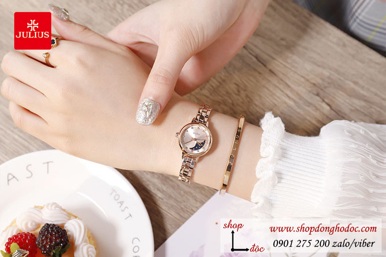 Đồng hồ nữ dây kim loại vàng mặt tròn size nhỏ vàng hồng Julius 1157B ĐHĐ29804