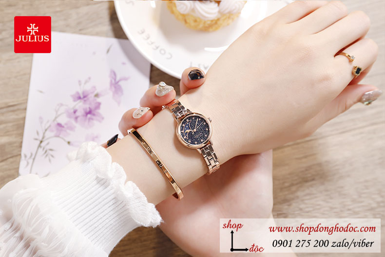 Đồng hồ nữ dây kim loại vàng mặt tròn size nhỏ xanh đen Julius 1157E ĐHĐ29802