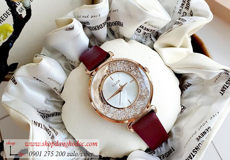 Đồng hồ nữ Hàn Quốc Julius JA 1203B dây da mặt tròn đính đá đỏ đô quý phái ĐHĐ33901