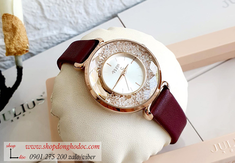 Đồng hồ nữ Hàn Quốc Julius JA 1203B dây da mặt tròn đính đá đỏ đô quý phái ĐHĐ33901