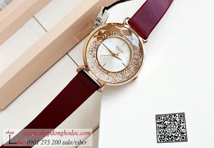 Đồng hồ nữ Hàn Quốc Julius JA 1203B dây da mặt tròn đính đá đỏ đô quý phái ĐHĐ33901