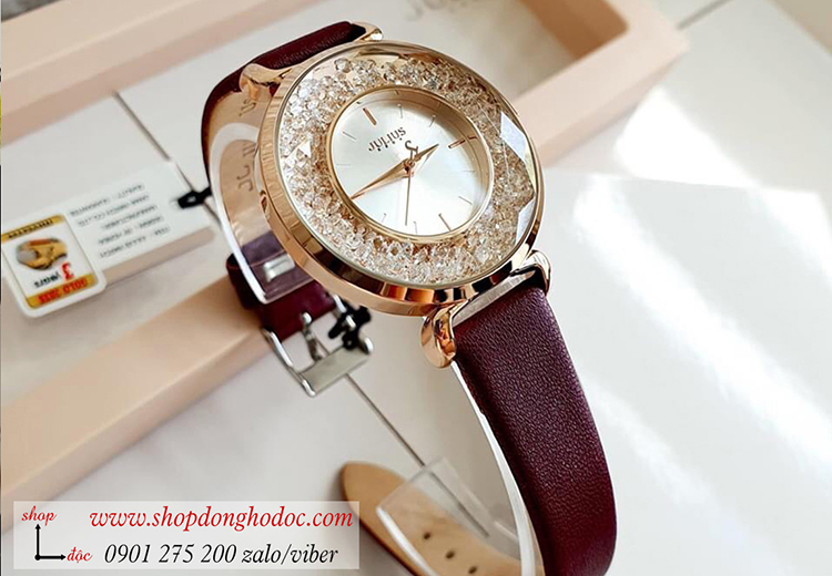Đồng hồ nữ Hàn Quốc Julius JA 1203B dây da mặt tròn đính đá đỏ đô quý phái ĐHĐ33901
