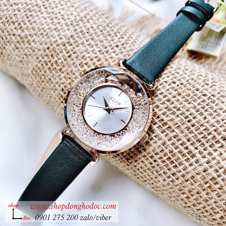 Đồng hồ nữ Hàn Quốc Julius JA 1203C dây da mặt tròn đính đá xanh rêu thời thượng ĐHĐ33904