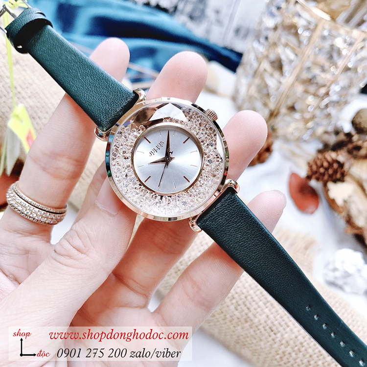 Đồng hồ nữ Hàn Quốc Julius JA 1203C dây da mặt tròn đính đá xanh rêu thời thượng ĐHĐ33904