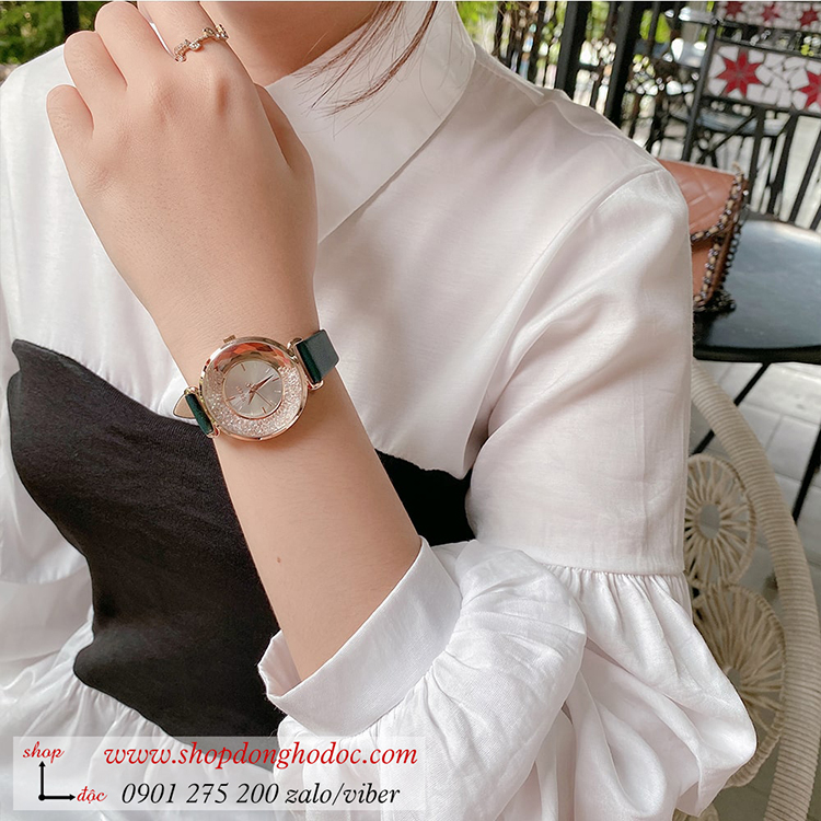 Đồng hồ nữ Hàn Quốc Julius JA 1203C dây da mặt tròn đính đá xanh rêu thời thượng ĐHĐ33904
