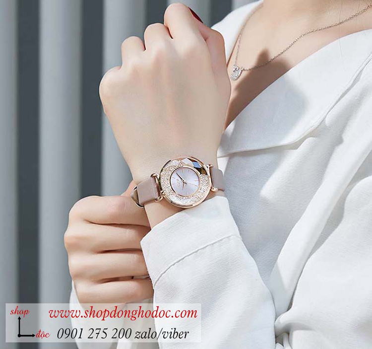 Đồng hồ nữ Hàn Quốc Julius JA 1203D dây da mặt tròn đính đá kem thời trang ĐHĐ33903